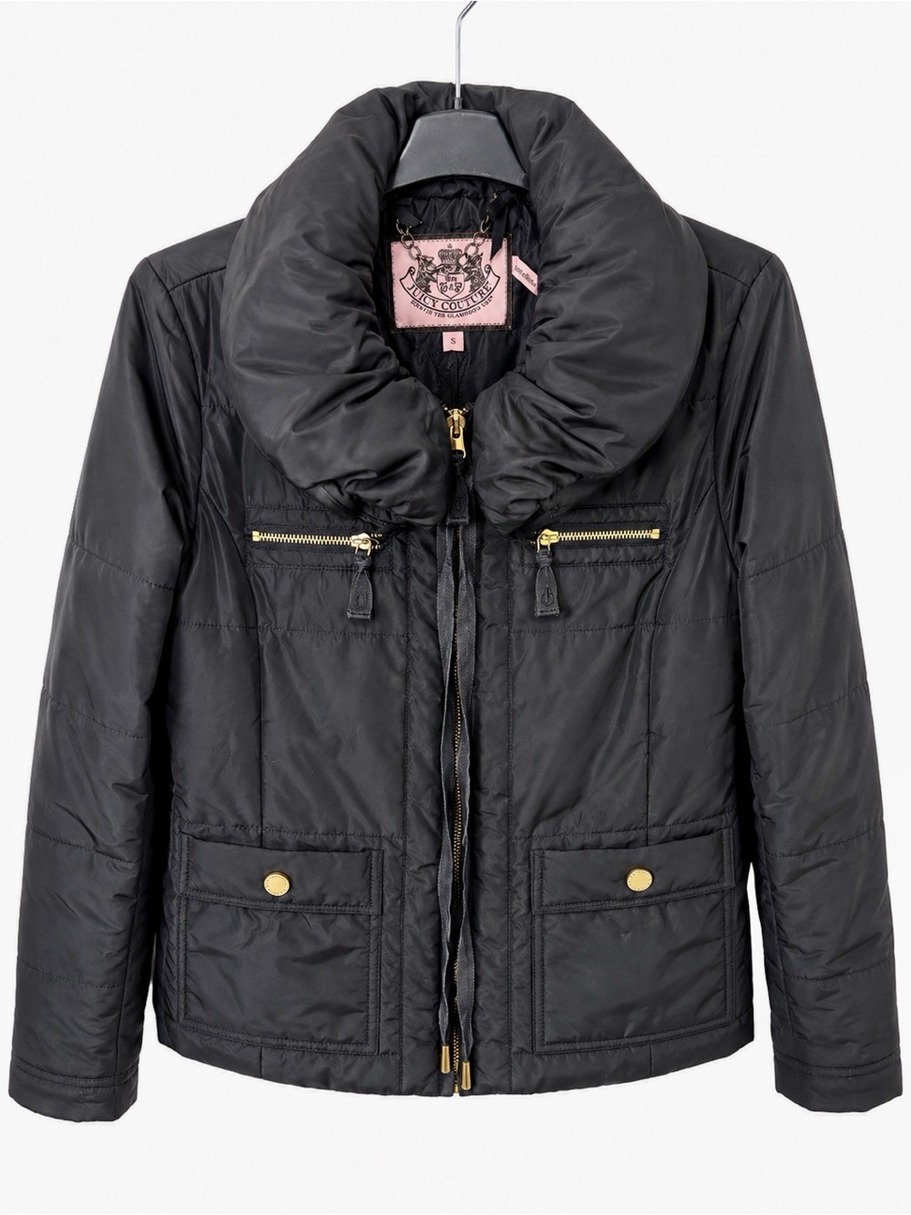 Juicy Couture Women’s Black Puffer Jacket Gold Hardware Logo Zipper – Size S